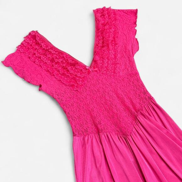 VTG 80s Hot Pink Nylon Stretchy Sheer Floral Ruffle Lace Plunge Midi Slip Dress - Picture 6 of 6